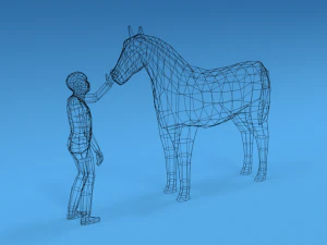 low poly cartoon kid touching a horse 3D Model