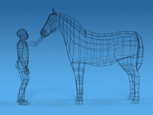 low poly cartoon kid touching a horse 3Dモデル