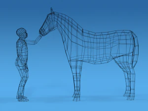 low poly cartoon kid touching a horse 3D Model