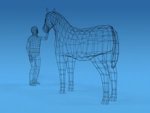 low poly cartoon kid touching a horse 3D Model