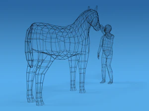 low poly cartoon kid touching a horse 3D Model