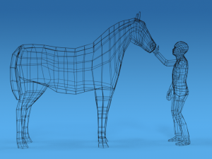 low poly cartoon kid touching a horse 3Dモデル