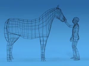 low poly cartoon kid touching a horse 3D Model