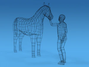 low poly cartoon kid touching a horse 3D Model