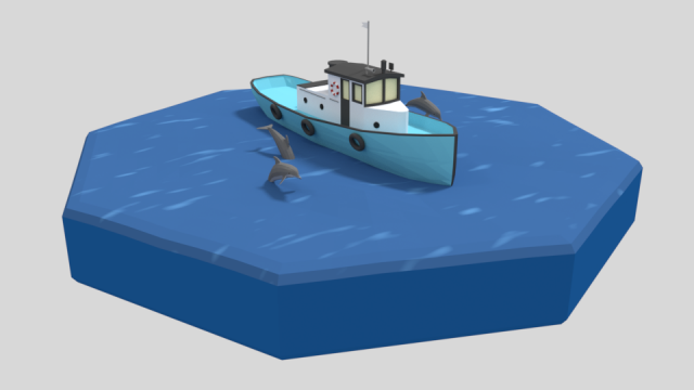 low poly cartoon fishing boat and dolphins Modelo 3D .c4d .max .obj .3ds .fbx .stl .blend 