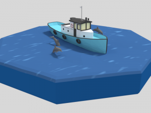 low poly cartoon fishing boat and dolphins Modelo 3D