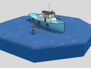 laag poly cartoon vissersboot en dolfijnen 3D Model