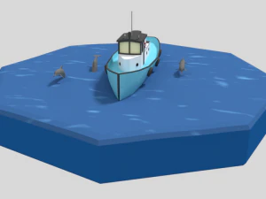 low poly cartoon fishing boat and dolphins 3D Model
