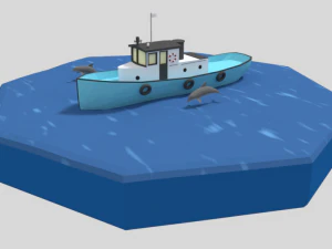 low poly cartoon fishing boat and dolphins 3D Model