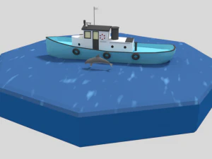 low poly cartoon fishing boat and dolphins 3D Model