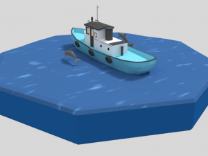 low poly cartoon fishing boat and dolphins Modelo 3D
