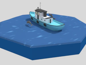 low poly cartoon fishing boat and dolphins 3D Model