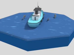 low poly cartoon fishing boat and dolphins 3D Model