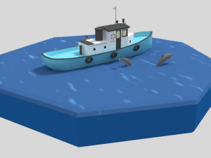 low poly cartoon fishing boat and dolphins Modelo 3D