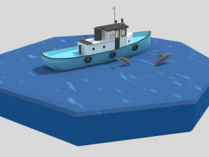 low poly cartoon fishing boat and dolphins 3D Model