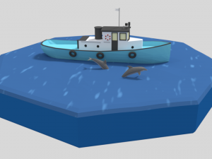 low poly cartoon fishing boat and dolphins Modelo 3D