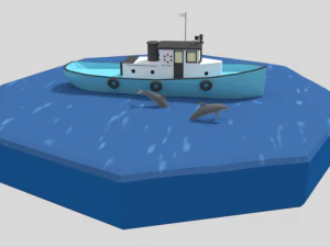 low poly cartoon fishing boat and dolphins 3D Model