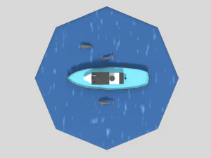 low poly cartoon fishing boat and dolphins 3D Model