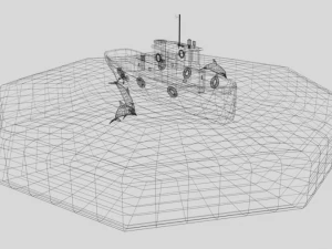 low poly cartoon fishing boat and dolphins 3D Model