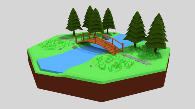 low poly cartoon forest bridge scene 3D Model .c4d .max .obj .3ds .fbx .stl .blend 