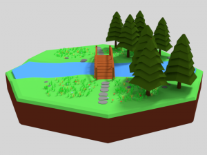 low poly cartoon forest bridge scene 3D Model
