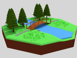 low poly cartoon forest bridge scene 3D Model