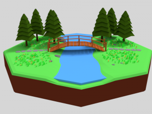 low poly cartoon forest bridge scene 3D Model