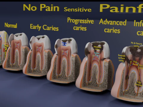 Caries Teeth severity schematic cut sectional 3D Model