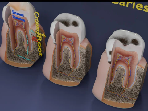 Caries Teeth severity schematic cut sectional 3D Model