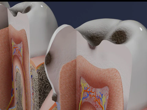 Caries Teeth severity schematic cut sectional 3D Model