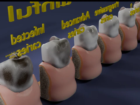 Caries Teeth severity schematic cut sectional 3D Model