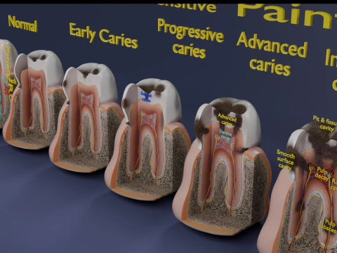 Caries Teeth severity schematic cut sectional 3D Model