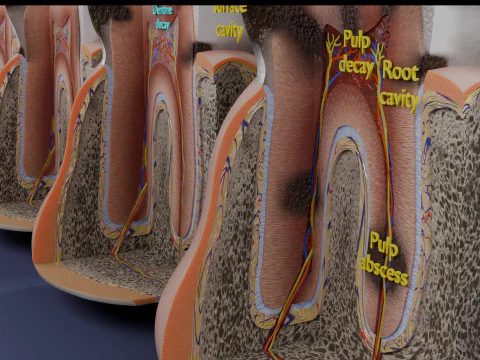 Caries Teeth severity schematic cut sectional 3D Model