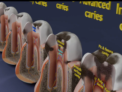 Caries Teeth severity schematic cut sectional 3D Model