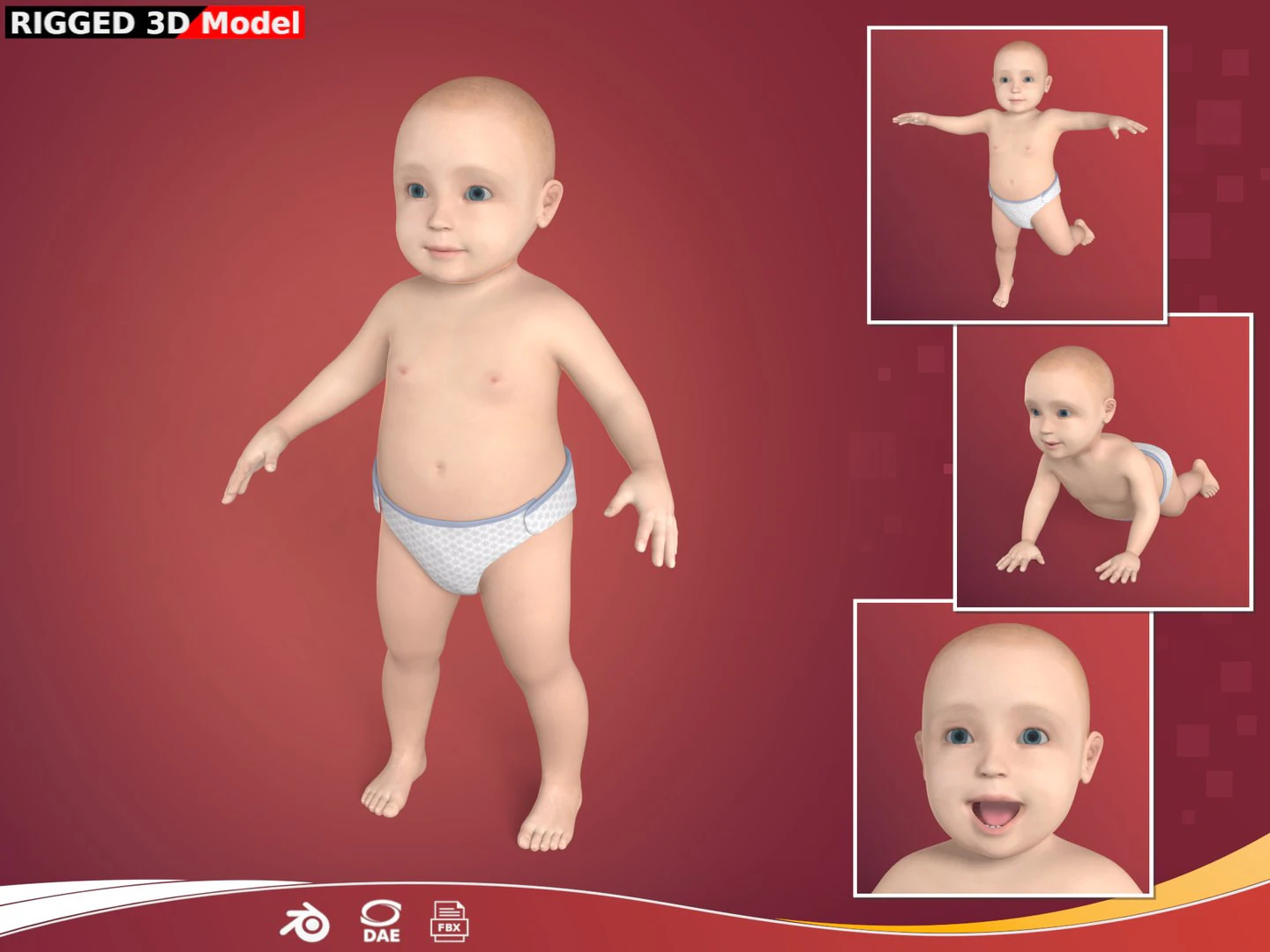 Rigged Baby Model 3D Model .c4d .max .obj .3ds .fbx .stl .blend 