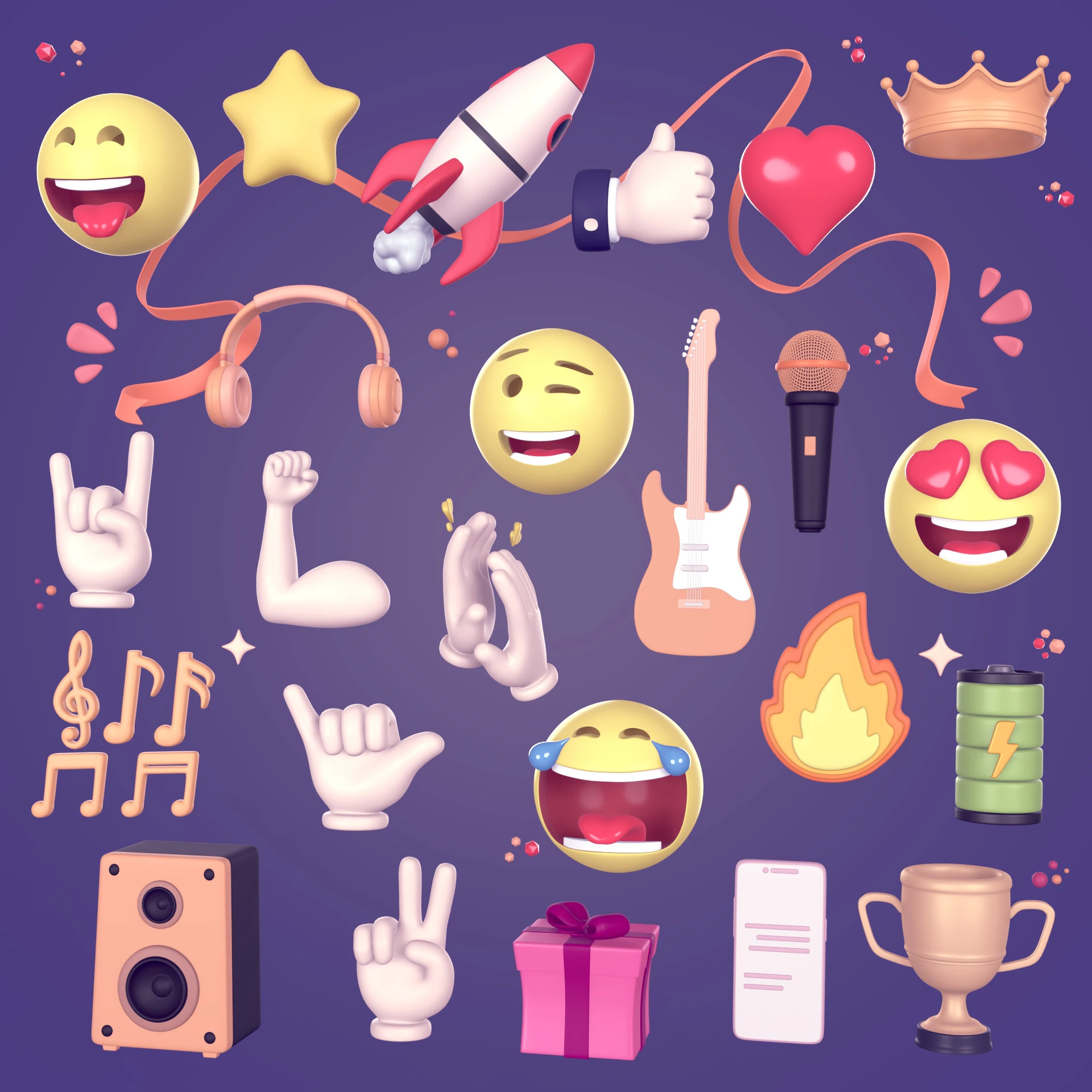Cartoon Pack Rocket Smiley Face Emoji Emoticon Smartphone Music Star Hand Trophy Crown Fire AD 3D Model .c4d .max .obj .3ds .fbx .stl .blend 