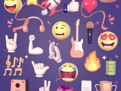 Pack de dessins anim&eacute;s Rocket Smiley Face Emoji &Eacute;motic&ocirc;ne Smartphone Musique Star Main Troph&eacute;e Couronne Feu AD Modèle 3D