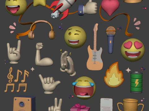 Cartoon Pack Rocket Smiley Face Emoji Emoticon Smartphone Music Star Hand Trophy Crown Fire AD 3D Model