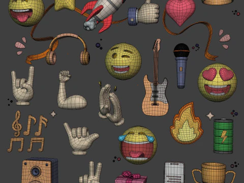 Cartoon Pack Rocket Smiley Face Emoji Emoticon Smartphone Music Star Hand Trophy Crown Fire AD 3D Model