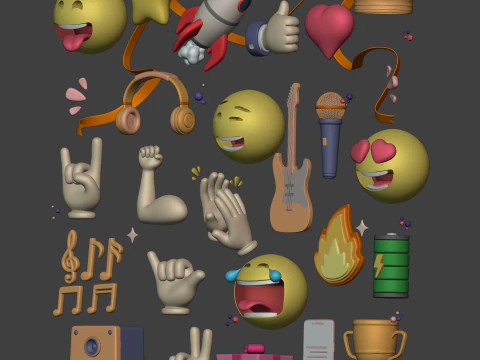 Cartoon Pack Rocket Smiley Face Emoji Emoticon Smartphone Music Star Hand Trophy Crown Fire AD 3D Model