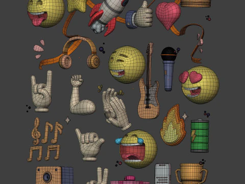 Cartoon Pack Rocket Smiley Face Emoji Emoticon Smartphone Music Star Hand Trophy Crown Fire AD 3D Model