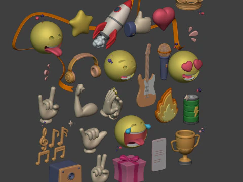 Cartoon Pack Rocket Smiley Face Emoji Emoticon Smartphone Music Star Hand Trophy Crown Fire AD 3D Model