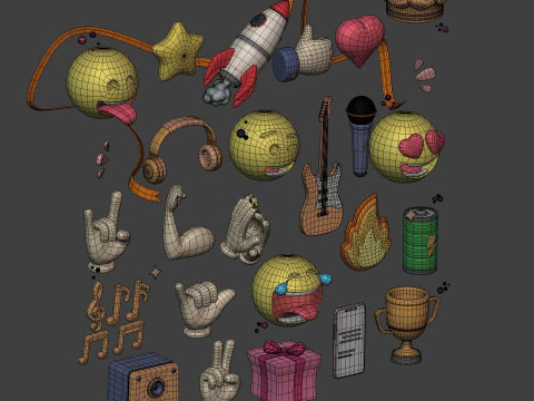 Cartoon Pack Rocket Smiley Face Emoji Emoticon Smartphone Music Star Hand Trophy Crown Fire AD 3D Model