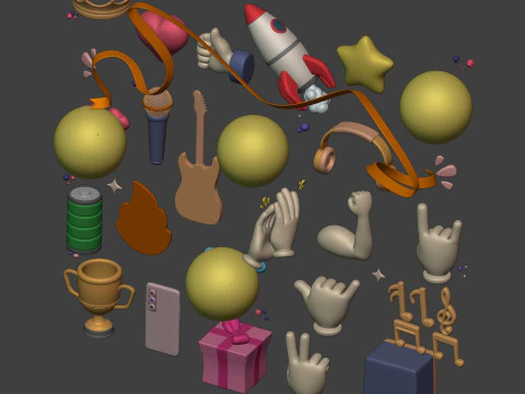 Cartoon Pack Rocket Smiley Face Emoji Emoticon Smartphone Music Star Hand Trophy Crown Fire AD 3D Model