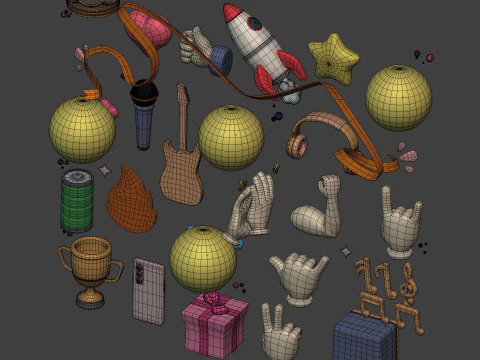 Cartoon Pack Rocket Smiley Face Emoji Emoticon Smartphone Music Star Hand Trophy Crown Fire AD 3D Model