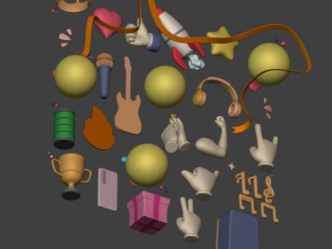 Cartoon Pack Rocket Smiley Face Emoji Emoticon Smartphone Music Star Hand Trophy Crown Fire AD 3D Model