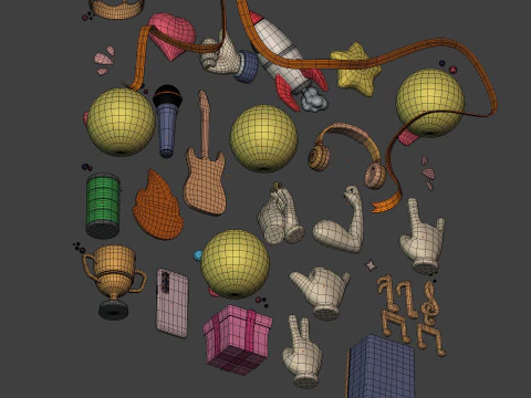 Cartoon Pack Rocket Smiley Face Emoji Emoticon Smartphone Music Star Hand Trophy Crown Fire AD 3D Model