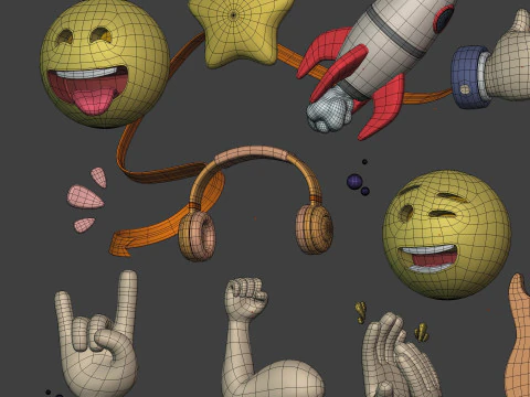 Cartoon Pack Rocket Smiley Face Emoji Emoticon Smartphone Music Star Hand Trophy Crown Fire AD 3D Model