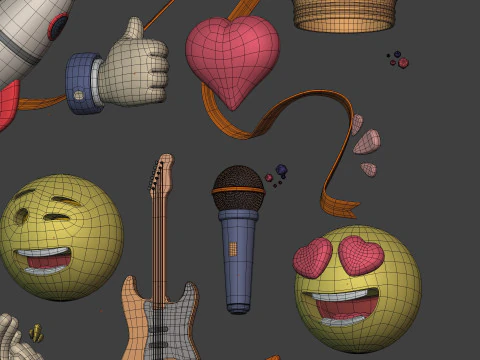 Cartoon Pack Rocket Smiley Face Emoji Emoticon Smartphone Music Star Hand Trophy Crown Fire AD 3D Model