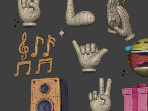 Cartoon Pack Rocket Smiley Face Emoji Emoticon Smartphone Music Star Hand Trophy Crown Fire AD 3D Model